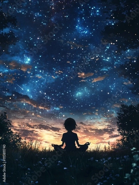 Fototapeta Meditating Silhouette Under Starry Sky