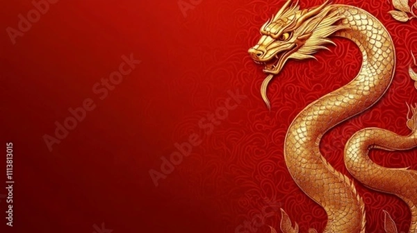 Fototapeta The Year of the Snake, A gold colored dragon is on a red background