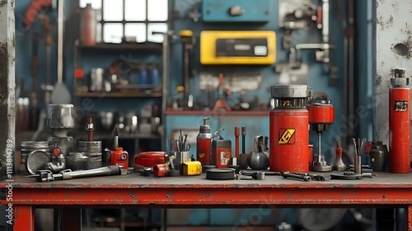 Fototapeta Rusty workbench with auto repair tools.