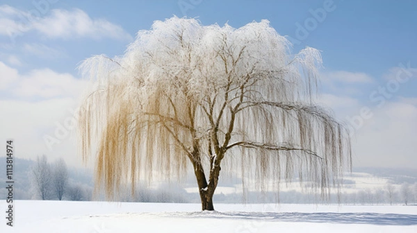 Obraz large birch tree is covered with frost and snow flakes after snowfall, sunlight shines through the branches, daytime, Lonely birch covered with a thick layer of frost