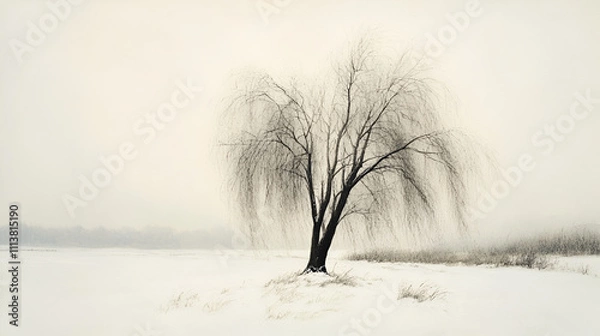 Obraz large birch tree is covered with frost and snow flakes after snowfall, sunlight shines through the branches, daytime, Lonely birch covered with a thick layer of frost
