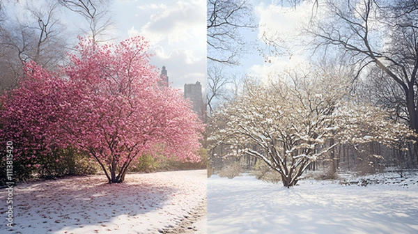 Obraz The Beginning of winter is bustling in the white snowy city professional photography, morning frosty winter park landscape,  snow in a winter park, virgin snow and snow-covered trees covered snow
