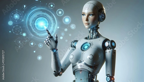 Obraz AI Robot Background A female robot with a holographic interface on her arm, interacting with floating digital elements i1