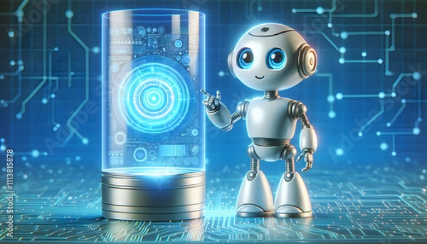Obraz AI Robot Background A cylindrical cartoon robot with arms extended, holding a holographic screen showcasing AI patterns3