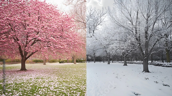 Obraz The Beginning of winter is bustling in the white snowy city professional photography, morning frosty winter park landscape,  snow in a winter park, virgin snow and snow-covered trees covered snow

