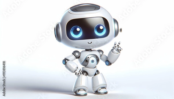 Fototapeta AI Robot Background A 3D, chibi-style AI robot with large, shiny eyes, a small body, and a friendly pose, set against a 4