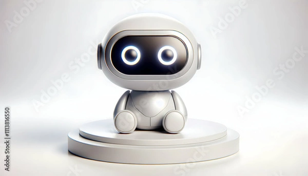 Fototapeta AI Robot Background A 3D cute AI robot with a round, squishy design, with big eyes and a small body, sitting on a white 2