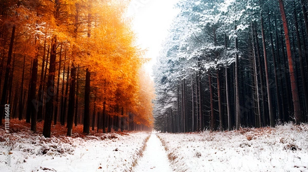 Obraz Winter forest at sunset, Winter landscape with snow-covered trees, Cold snowy winter forest landscape , Winter forest in the snow, Winter forest with snow and fog
