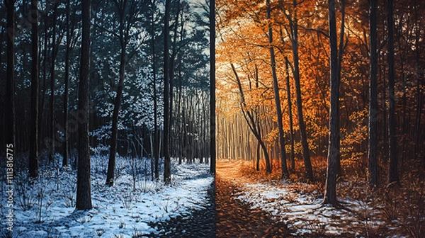 Obraz Winter forest at sunset, Winter landscape with snow-covered trees, Cold snowy winter forest landscape , Winter forest in the snow, Winter forest with snow and fog
