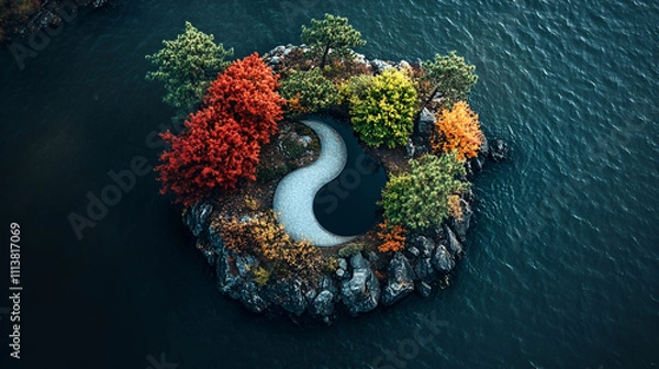 Obraz Aerial view of beautiful spring garden with blooming trees and pond, view of beautiful garden with pond in autumn season, top view,  beach and clear water, surrounded by tropical greenery