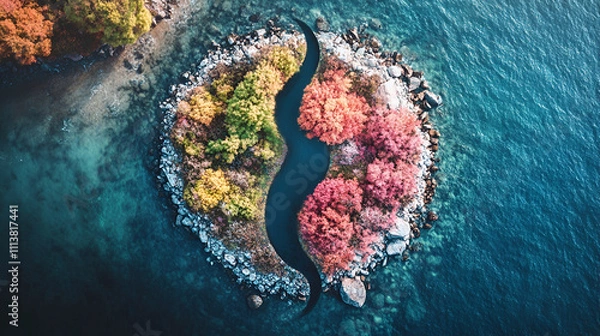Obraz Aerial view of beautiful spring garden with blooming trees and pond, view of beautiful garden with pond in autumn season, top view,  beach and clear water, surrounded by tropical greenery