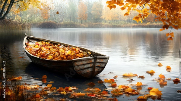 Obraz Boat on the lake with autumn leaves in foggy morning, Serene lake scene with vibrant autumn colors, Fishing boat on the lake in autumn forest with fallen leaves