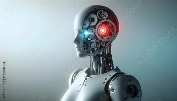 Fototapeta AI Robot Background A robotic figure standing in a minimalist space, with one side of its head glowing and the other sid3