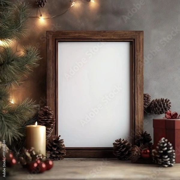 Fototapeta Christmas concept picture frame mockup ready for family memories, festive display with pine cones and candlelight, Xmas celebration print