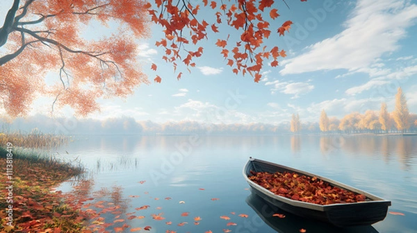 Obraz Boat on the lake with autumn leaves in foggy morning, Serene lake scene with vibrant autumn colors, Fishing boat on the lake in autumn forest with fallen leaves