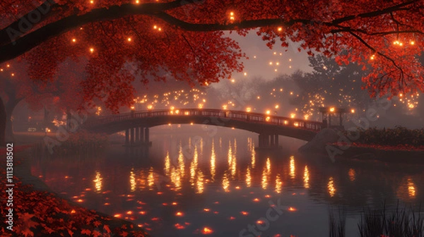 Obraz beautiful autumn atmosphere professional advertising photography, Forest of a maple and red bridge of colored leaves, Serene autumnal landscape with vibrant foliage in the countryside