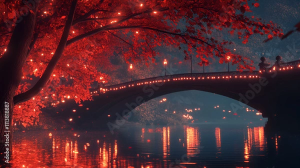 Obraz beautiful autumn atmosphere professional advertising photography, Forest of a maple and red bridge of colored leaves, Serene autumnal landscape with vibrant foliage in the countryside