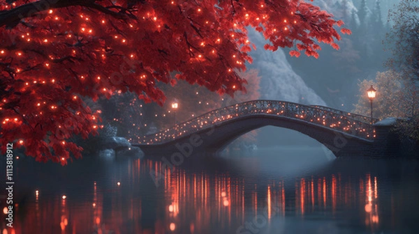 Obraz beautiful autumn atmosphere professional advertising photography, Forest of a maple and red bridge of colored leaves, Serene autumnal landscape with vibrant foliage in the countryside
