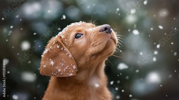 Fototapeta Puppy experiencing snow, looking up with wonder, soft snowflakes falling around, capturing winter joy, print for National Puppy Day