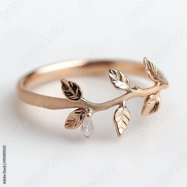 Fototapeta Elegant ring with gold leaf and gemstone, stylish accessory with nature motif capturing artisan craftsmanship, print for National Jewel Day