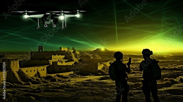 Fototapeta Soldiers utilizing cutting edge drone technology for stealthy nighttime reconnaissance with state of the art thermal imaging capabilities to gain tactical advantage