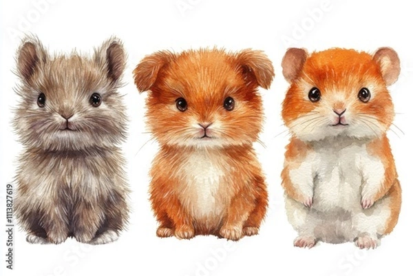Obraz Three adorable cartoon-style furry animals, resembling hamsters, with cute expressions.