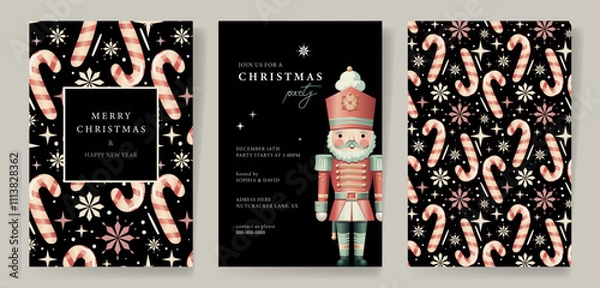 Fototapeta Set of Christmas Corporate Holiday cards with Nutcracker and candy cane pattern ornate frames, background and copy space. Universal artistic templates, vector illustration
