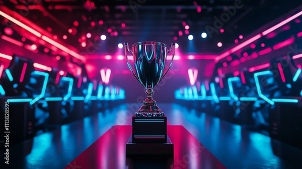 Fototapeta An E-sports winner trophy standing on the stage in the middle of the arena of the computer video game championship, pink and blue neon lighting