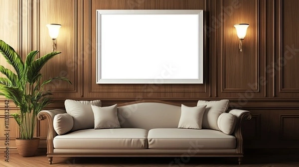 Fototapeta Mock up living room,  large ar 16:9 landscape mock up picture frame on the wall  above a modern elegant sofa, ultra-realistic, Photography, Megapixel