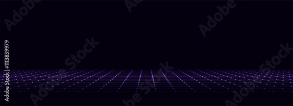 Fototapeta Technology wireframe landscape. Vector perspective grid. Digital space. Purple mesh on a black background.