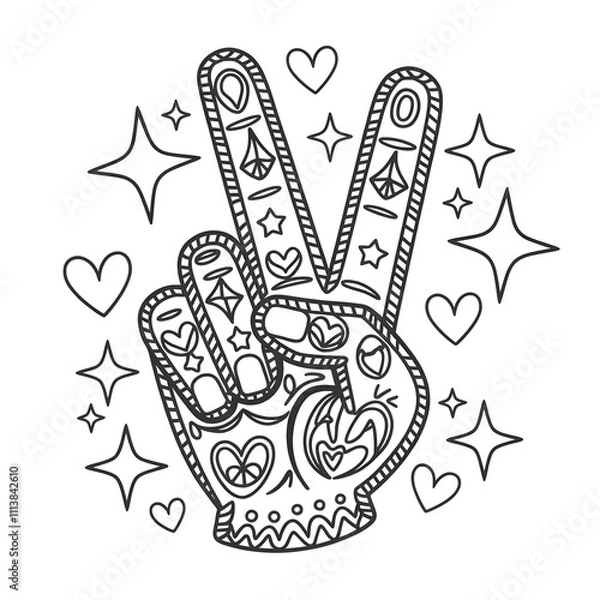 Fototapeta A black and white coloring book line art of a hand with peace fingers, surrounded by stars and hearts. 