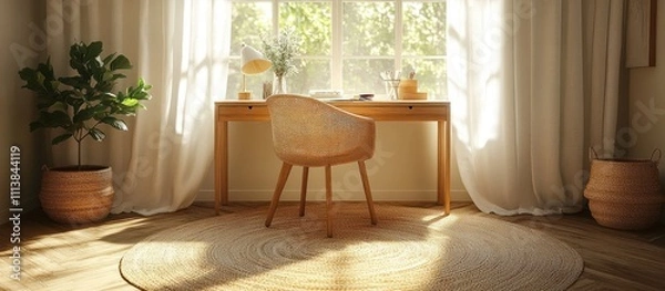 Fototapeta Sunlit home office with wooden desk, chair, plant, and rug.