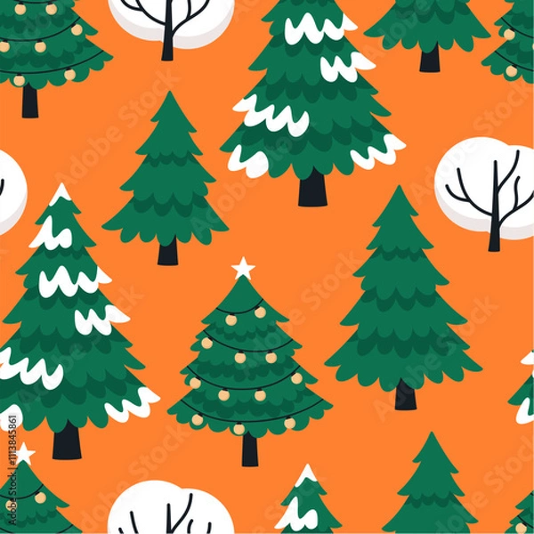 Fototapeta Christmas seamless pattern with winter trees. Design for fabric or wrapping paper.