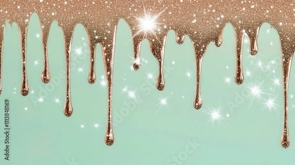 Fototapeta a mint green background with dripping copper glitter that shimmers and catches the light beautifully. The design is accentuated by bright white star reflections, creating a dynamic and lively feel.