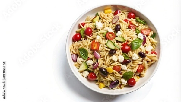 Fototapeta Orzo pasta salad with tomatoes, cucumber, feta cheese, and olives