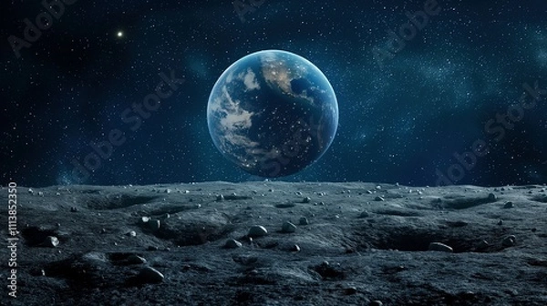 Fototapeta Earth planet in starry sky view from moon image. Contemplating solar system body from asteroid photography scene wallpaper. Astronomy science discovery concept photorealistic photo