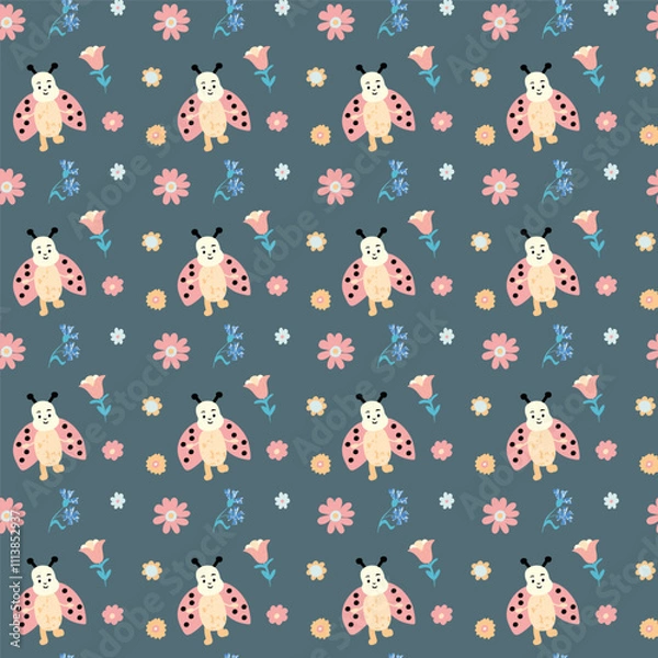 Obraz Seamless Pattern With Cute Ladybugs And Wildflowers On Blue Background