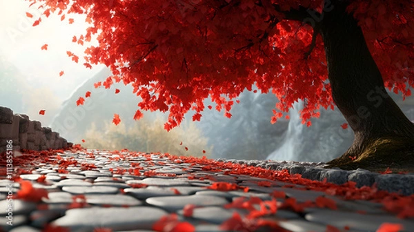 Obraz Autumn tree with red leaves in the park,
Vibrant Red Leafed Plants Blossoming, Bold And Stunning, A Tree Adorned With Red Heart shaped Leaves