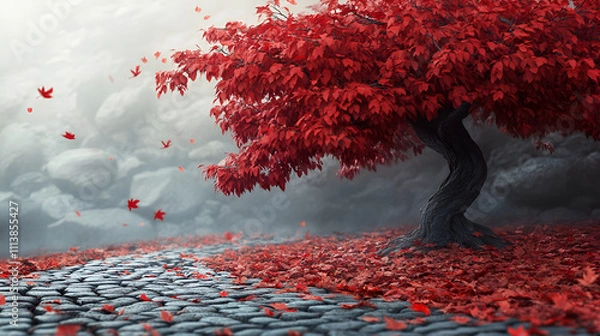 Obraz Autumn tree with red leaves in the park,
Vibrant Red Leafed Plants Blossoming, Bold And Stunning, A Tree Adorned With Red Heart shaped Leaves