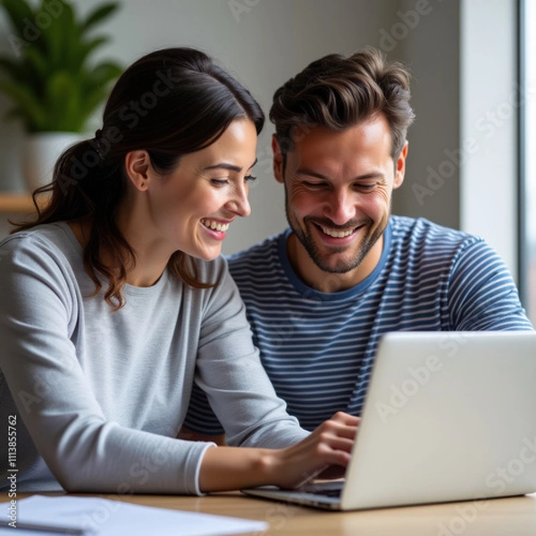 Fototapeta Couple Discusses Finances at Home While Sitting at a Cozy Desk Together