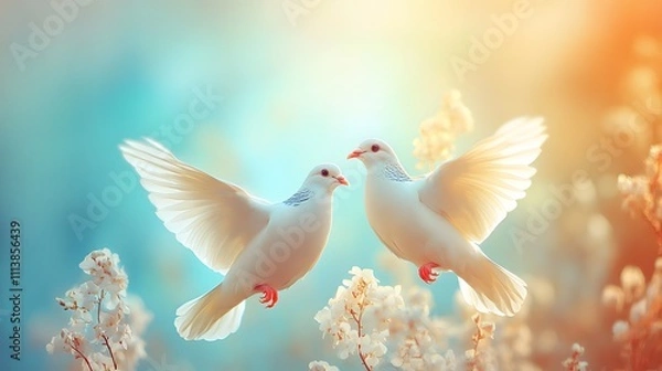 Fototapeta Two white doves with outstretched wings amidst a soft, colorful background.