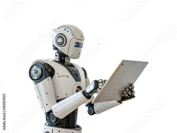 Fototapeta A robot assistant is holding a modern digital tablet isolated on a white background, png