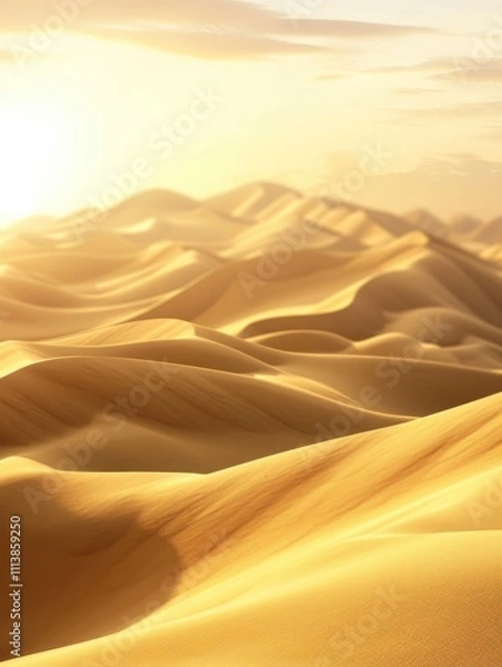 Obraz Desert landscape with a sun in the sky. The sun is shining brightly on the sand dunes, creating a warm and inviting atmosphere. The scene is peaceful and serene