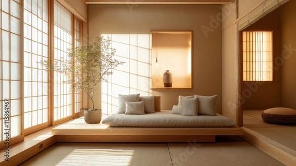 Fototapeta Minimalist interior design with natural light in a serene Japanese-inspired room