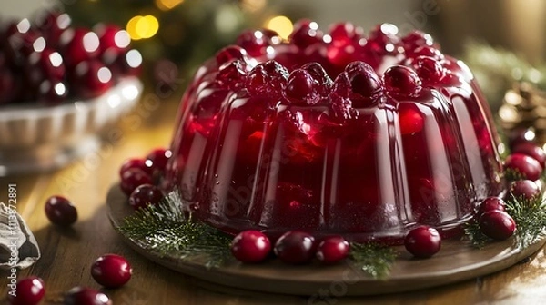 Fototapeta Rustic presentation of a jello cake in a bundt mold, styled with fresh cranberries and holiday-themed decorations
