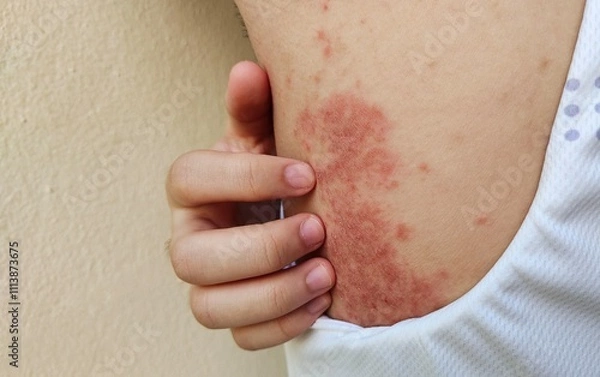 Fototapeta portrait the rash, hives, allergy and inflammation skin, reaction and urticaria, eczema and epidermis, allergic and psoriasis on the back, health care and medical concept.
