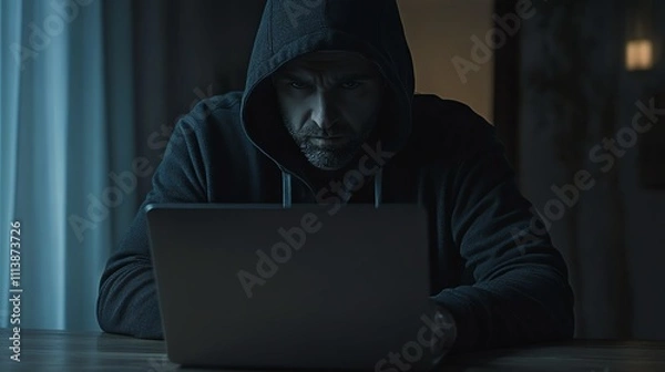 Fototapeta A hooded figure hunches over a laptop in a dimly lit room.