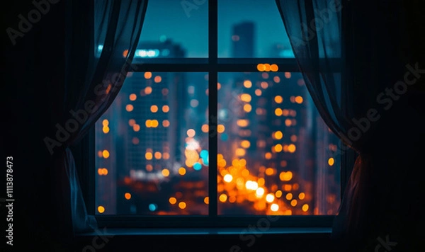 Fototapeta window frames blurred cityscape at night, seen through sheer curtains.  warm glow of city lights creates peaceful, contemplative atmosphere inside  room.  sense of tranquility and urban life. sleep hy