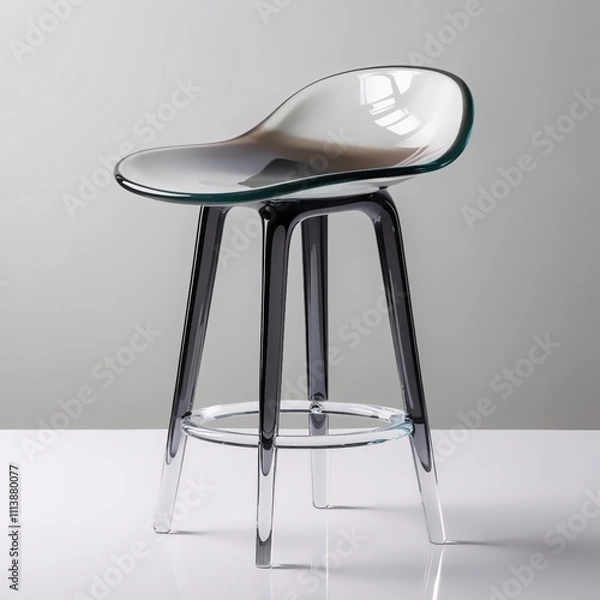 Fototapeta Glass sculpture of modern bar stool with gray gradient seat, clear tapered legs, frosted base, light gray background, generative ai
