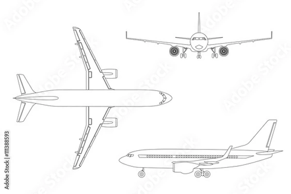 Fototapeta Outline drawing plane in a flat style on a white background. Top